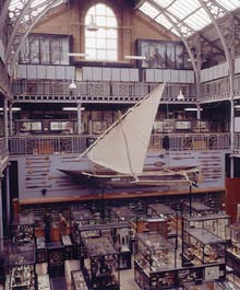 View of Pitt Rivers Museum court from east side of lower gallery looking west toward temporary exhibition area